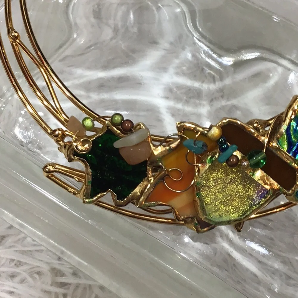Vintage gold choker bib iridescent necklace